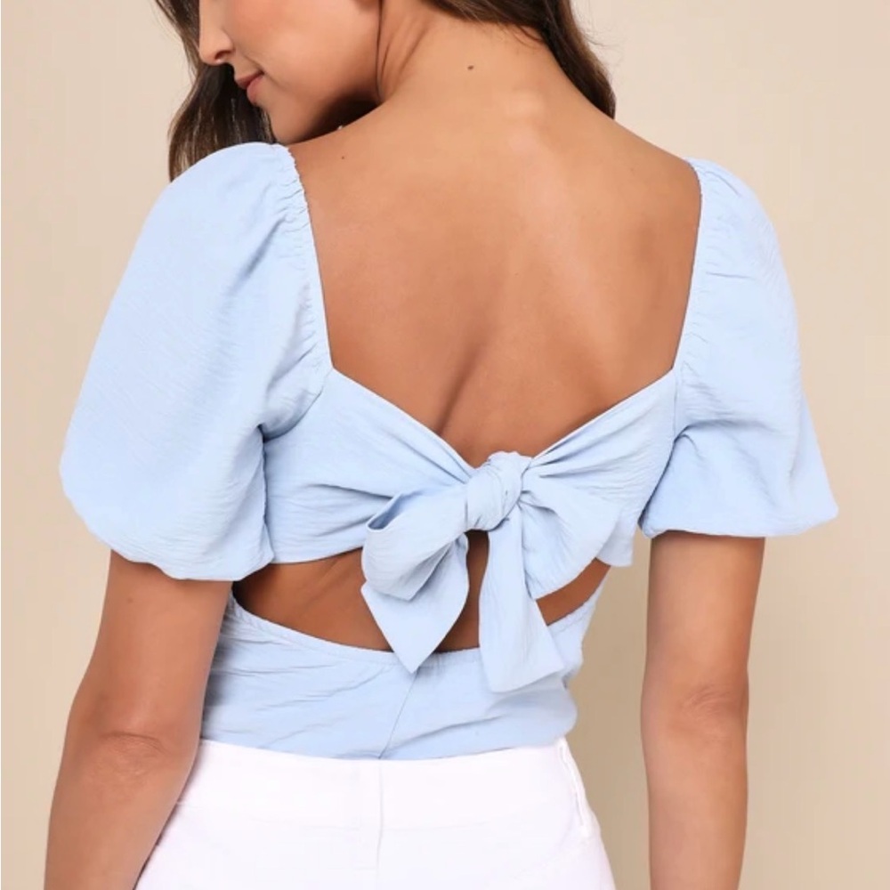 Lulu’s abundance of love textured puff sleeve tie back body suit